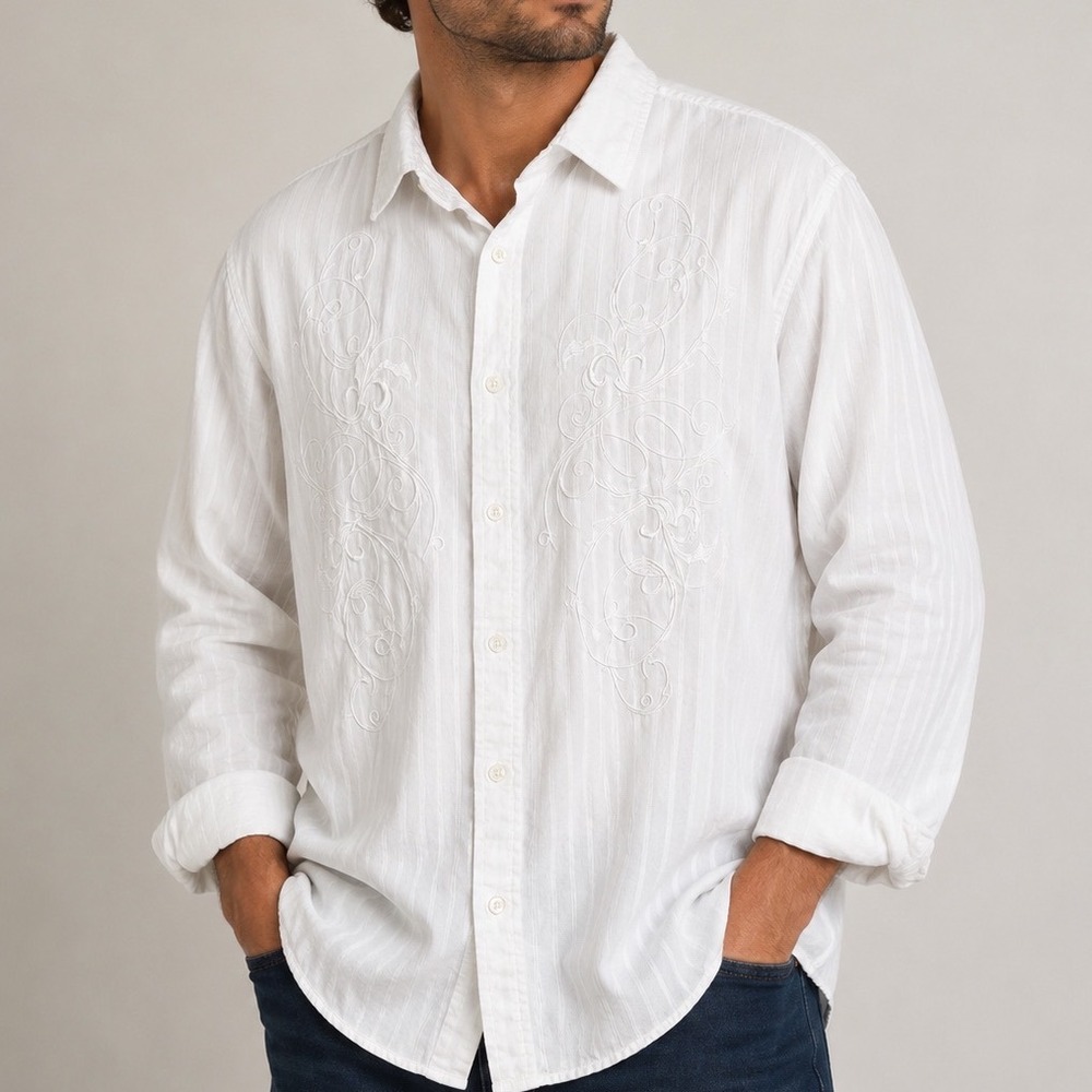 Attention Men's XL Embroidered Button Up Shirt White Cotton Ren Faire Medieval